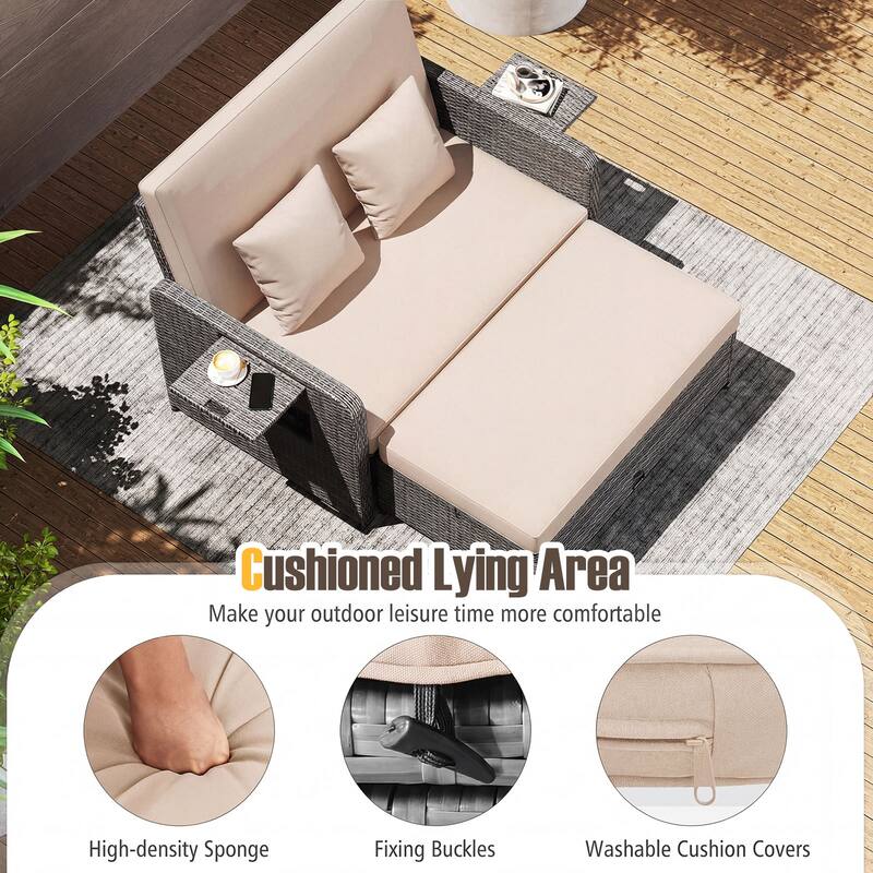 Gymax Rattan Daybed Wicker Loveseat Sofa Set w/ Ottoman & Retractable