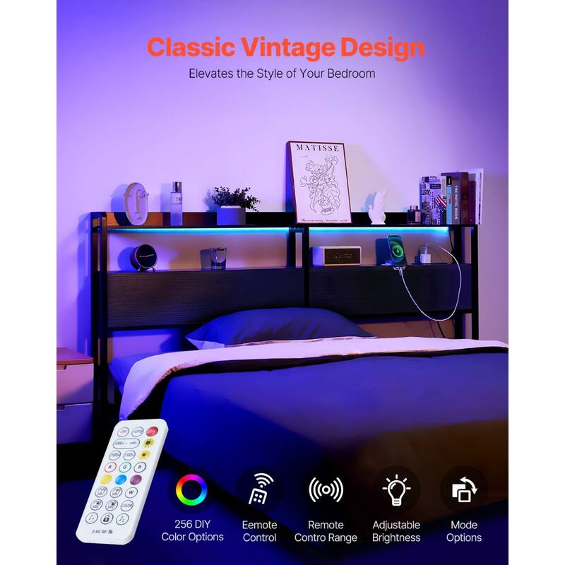 Black Carbon Steel Frame Headboard with LED Lights, Power Strips and Storage
