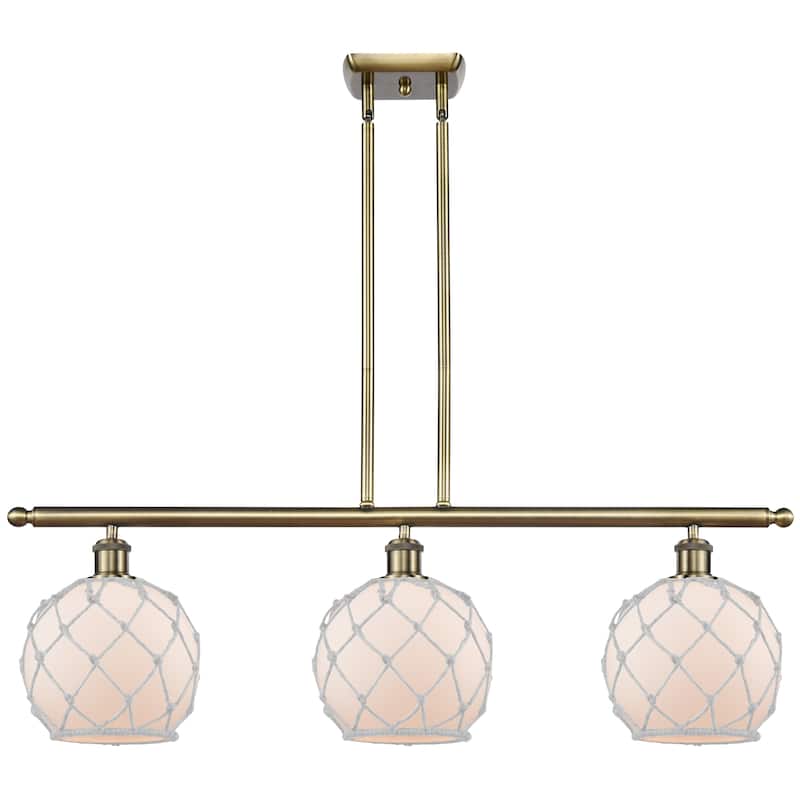 Innovations Lighting Endless Possibilities Ballston - Farmhouse Rope - 3 Light 36" Stem Hung Island Light - Antique Brass/White Glass with White Rope