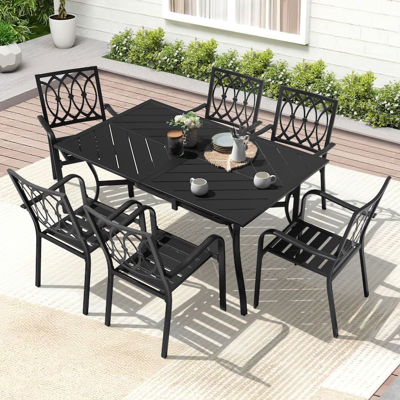 7PCS Metal Rectangle Patio Dining Set with Umbrella Hole, Stackable Design - Antique Black
