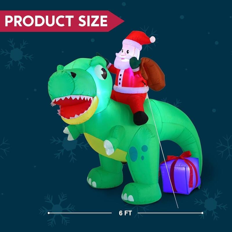 6 FT Christmas Inflatable Dinosaur with Build-in LEDs, Blow Up Dinosaur with Santa - Green