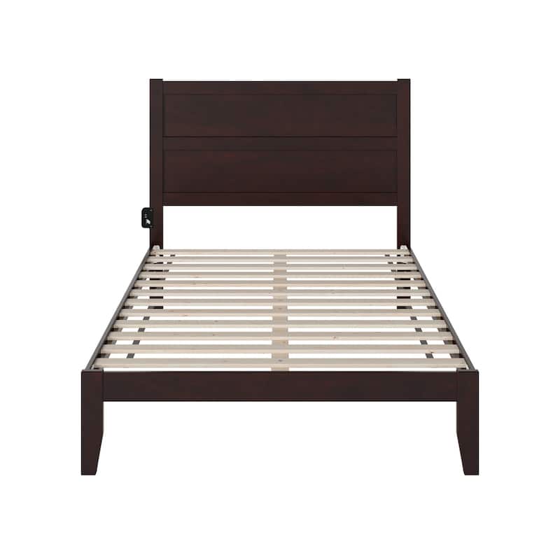 Full Bed with Charging Station - Solid Wood Platform Bed Frame, Espresso Finish, 53.5"x76"x47.625"