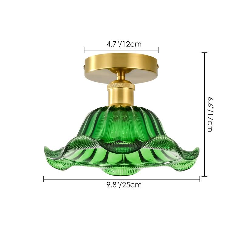 1-Light Retro Flower-Shaped Mertal Semi-Flush Mount Ceiling Light with Amber/Green Textured Glass Shade