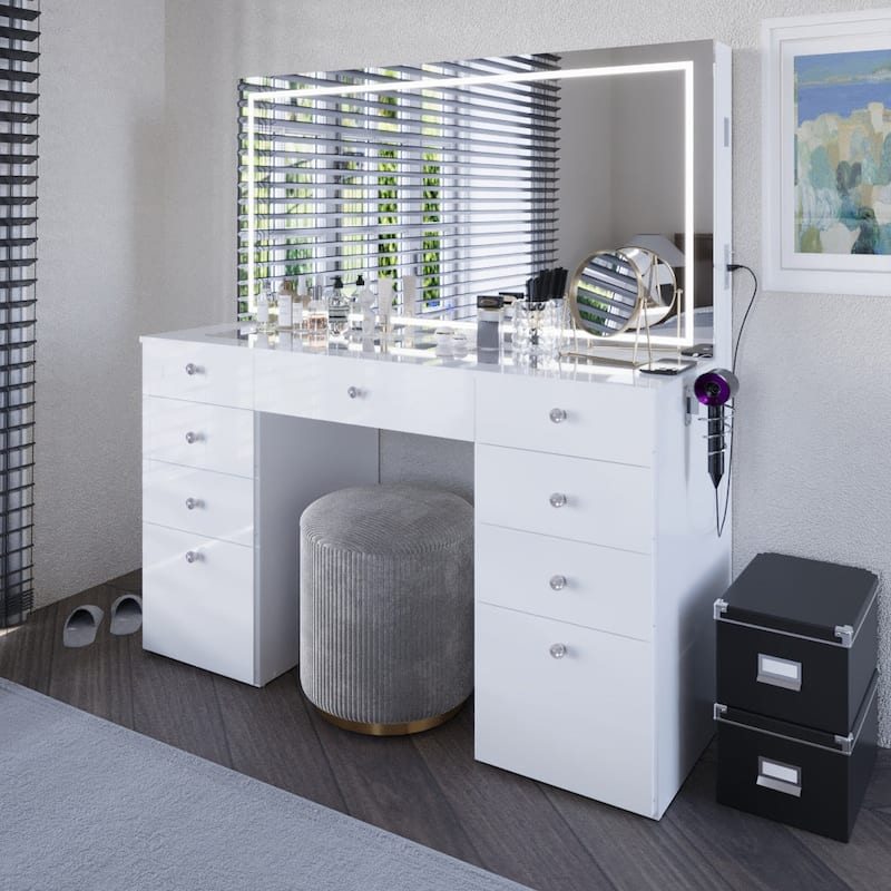 Smart Makeup Vanity Desk with LED Lighted Mirror, Bluetooth Speakers, Glass Top & 11 Drawers, White