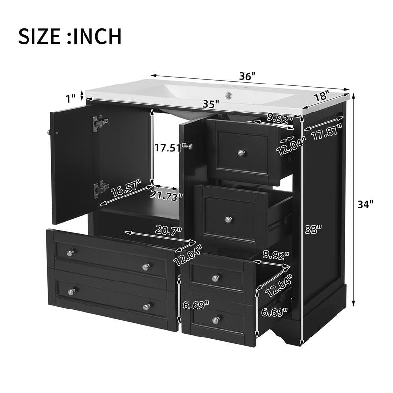 36 " Bathroom Vanity with Sink with 4 Drawers and Shelves