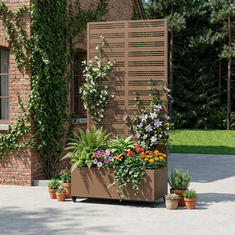 Outdoor Metal Galvanized Privacy Screen Planter Box with Trellis Lockable Wheels
