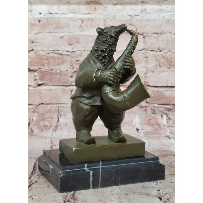 Bear Playing Saxophone Bronze Sculpture - Whimsical Animal Music Art
