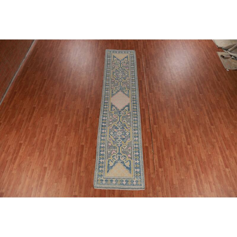 Hand Knotted Oriental 100% Wool Carpet Transitional Geometric Greys & Charcoal Oushak Runner Rug - 14' 1'' X 3' 2''
