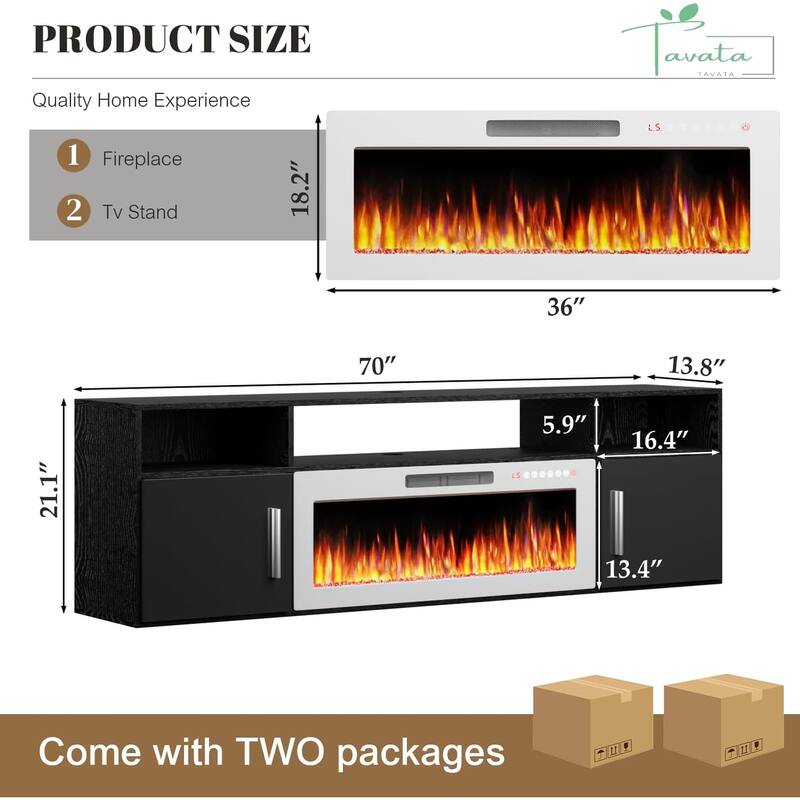 BOSSIN 70" Floating TV Stand with 36" Electric Fireplace, High Gloss Finish Wall Mounted Fireplace TV Stand with Storage