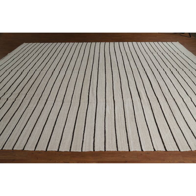 Hand Woven Oriental Cotton Carpet Modern All-Over Beige & Ivories Kilim Area Rug - 13' 3'' X 10' 1''