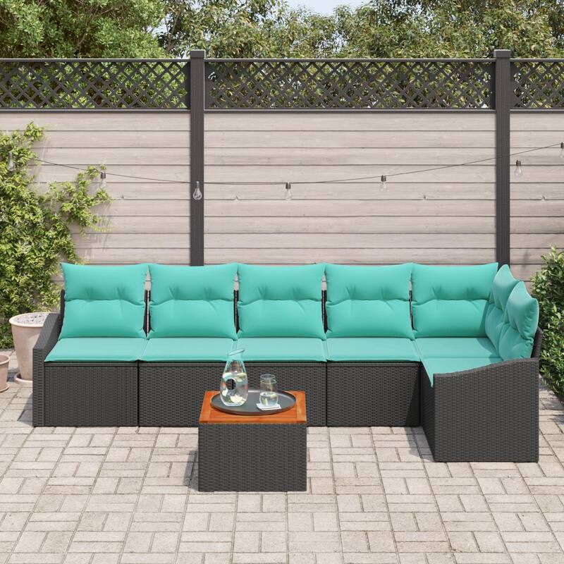 vidaXL 7 Piece Garden Sofa Set with Cushions Black Poly Rattan Acacia - 113.6×48.6×27.2