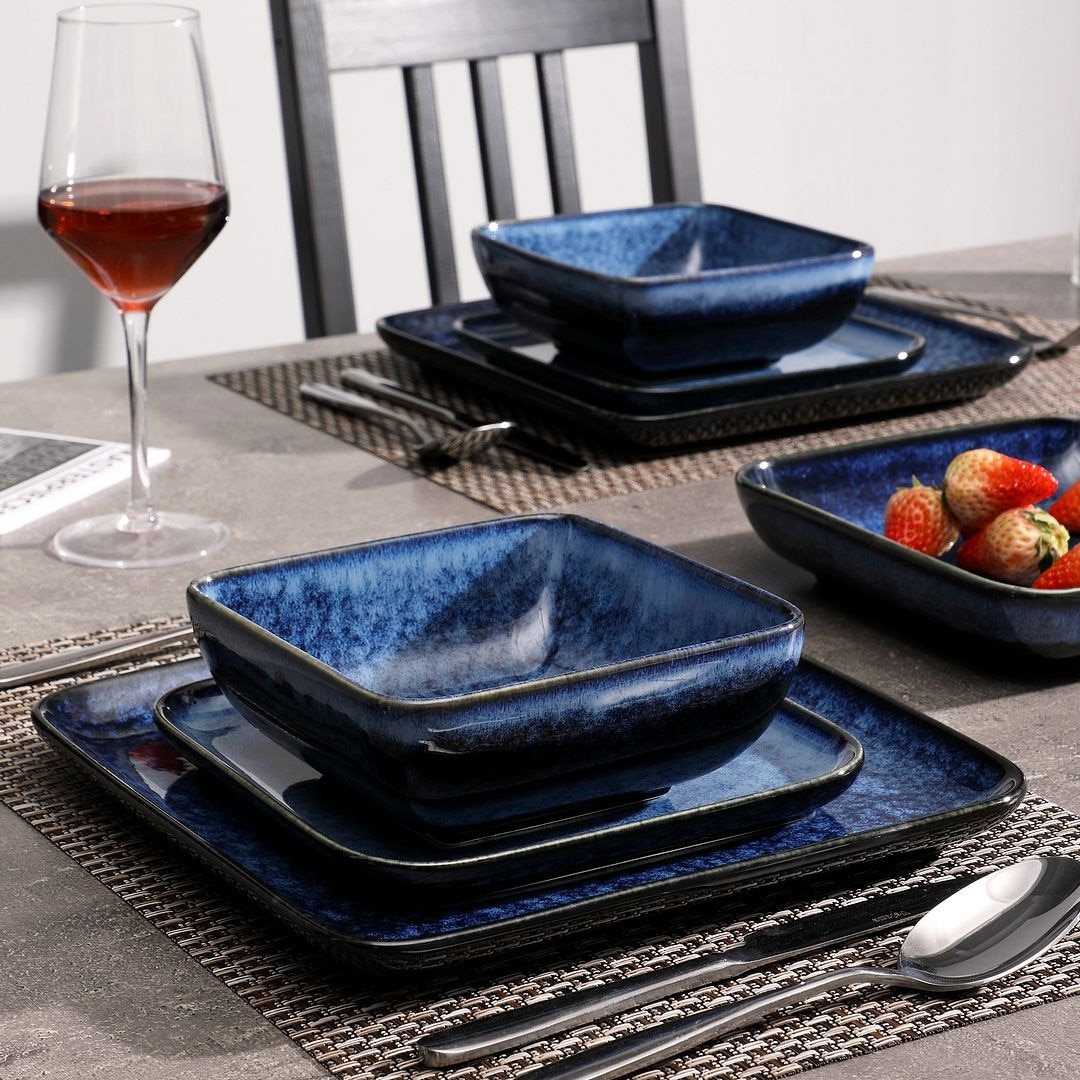 Vancasso Series Stern, Stoneware Dinnerware Sets, 16 Piece Square Blue  Dishes, Service for 4