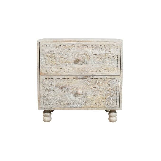 HomeRoots 24" Natural And White Solid Wood Distressed Carved Scrollwork Two Drawer Nightstand
