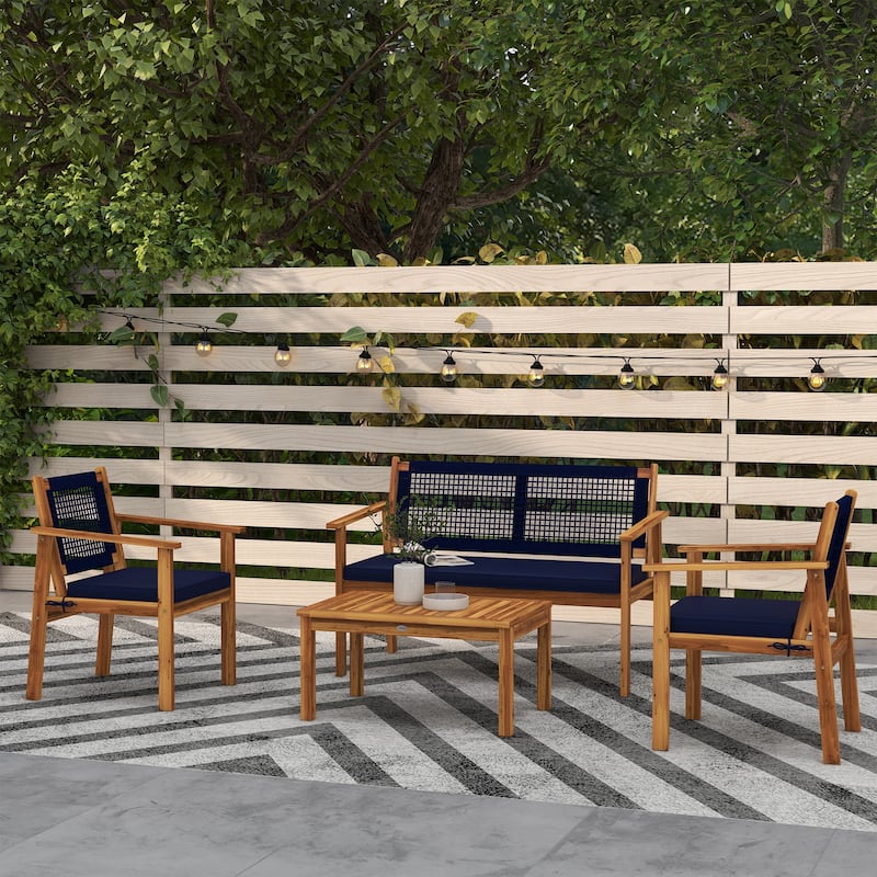 Outsunny 4 Piece Patio Conversation Set with Cushions, Acacia Wood Outdoor Furniture with Loveseat, Armchairs, Slatted Wood Top - Blue