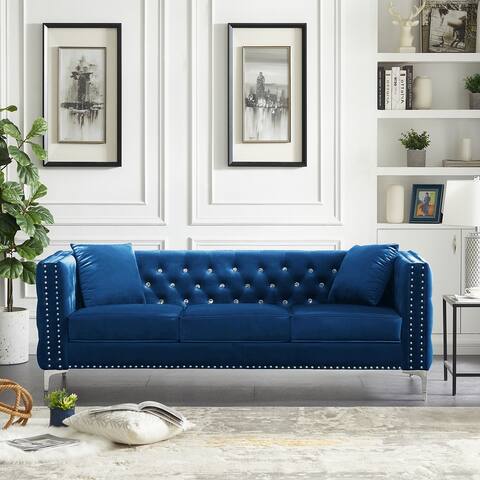 82.3" Width Modern Velvet Sofa Jeweled Buttons Tufted & Inlaid Nail Head Decoration Square Arm Couch Blue 2 Pillows Included