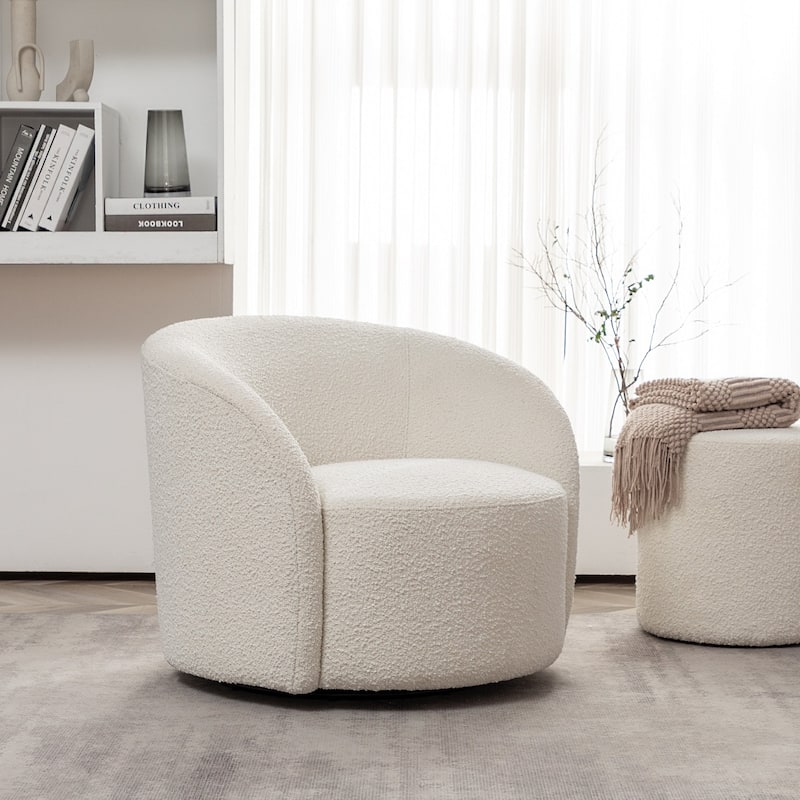 KINWELL 34" W Upholstered Boucle Swivel Barrel Accent Chair - Cream