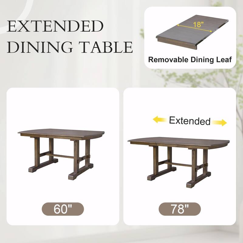Rustic Dining Table Set - 6-Piece with Removable Leaf, 4 Chairs + 1Bench