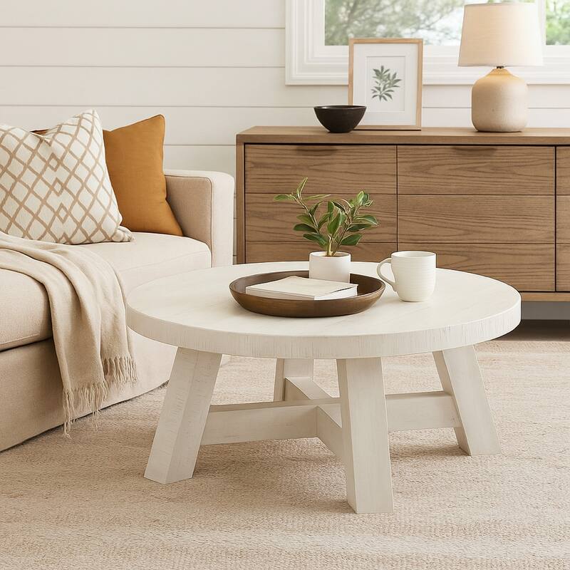 Linie Round Cocktail Coffee Table, Rustic Posts, 40 Inch White Pine