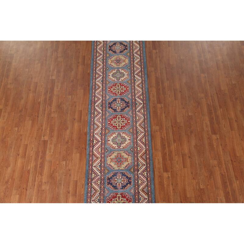 Blue Geometric Kazak Runner Rug Hand-Knotted Wool Carpet - 2'9" x 11'3"
