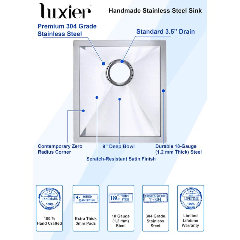 Luxier BBS16-18Z 16" Single Bowl Stainless Steel Undermount Bar Sink - 16