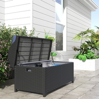 Outsunny Outdoor Wicker Storage Bench Deck Box, PE Rattan Patio Furniture Pool Storage Bin Container