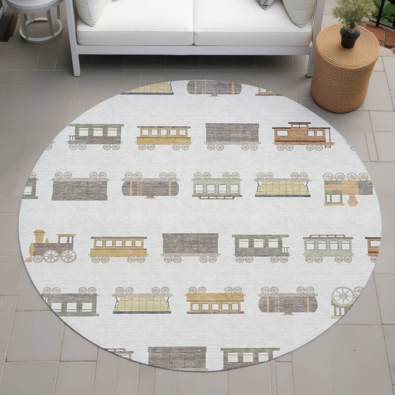 Machine Washable Indoor/ Outdoor Modern Train Chantille Rug - Ivory - 8' x 8'