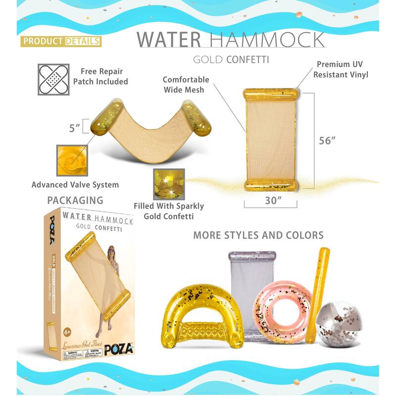 POZA Gold Inflatable Water Hammock Float Lounger Filled with Confetti - 56" x 30"