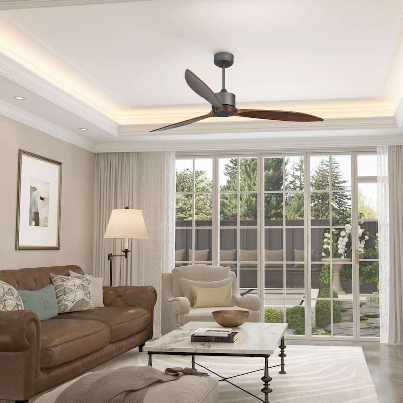 65" Solid Wood 3-Blade Black Ceiling Fan with Remote, Reversible DC Motor - Jet Black+Walnut
