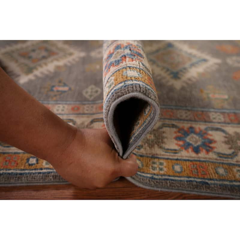 Grey Geometric Kazak Runner Rug Handmade Wool Carpet - 2'10" x 9'10"