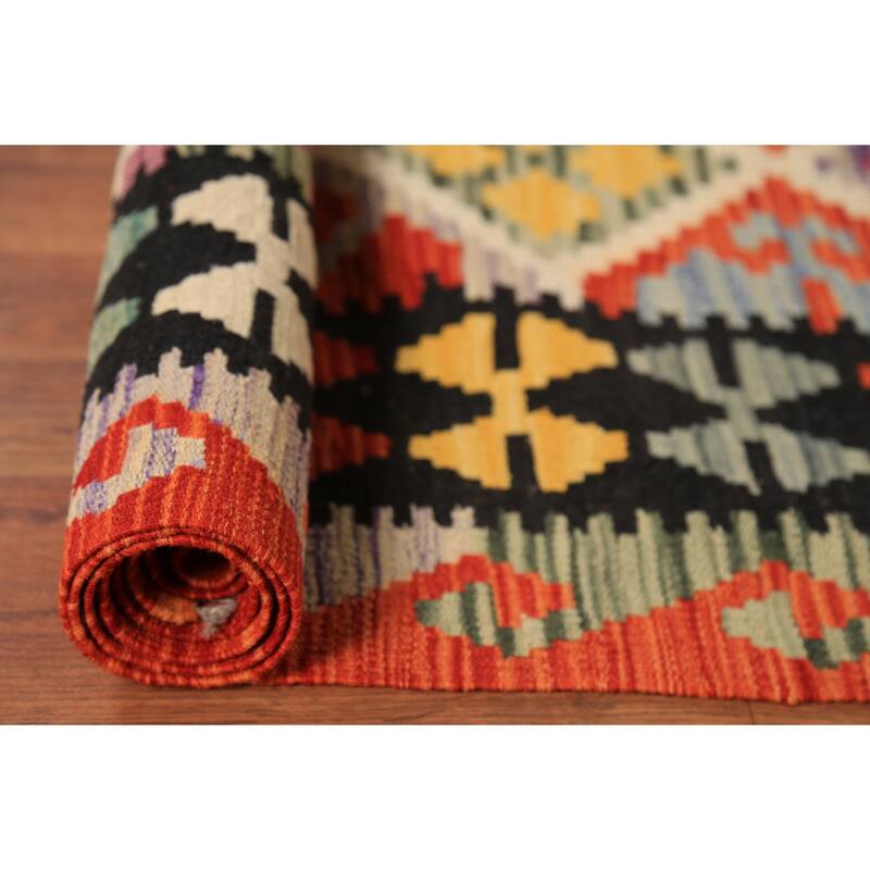 All-Over Trellis Geometric Kilim Area Rug Hand-Woven Wool Carpet - 8'4" x 9'8"
