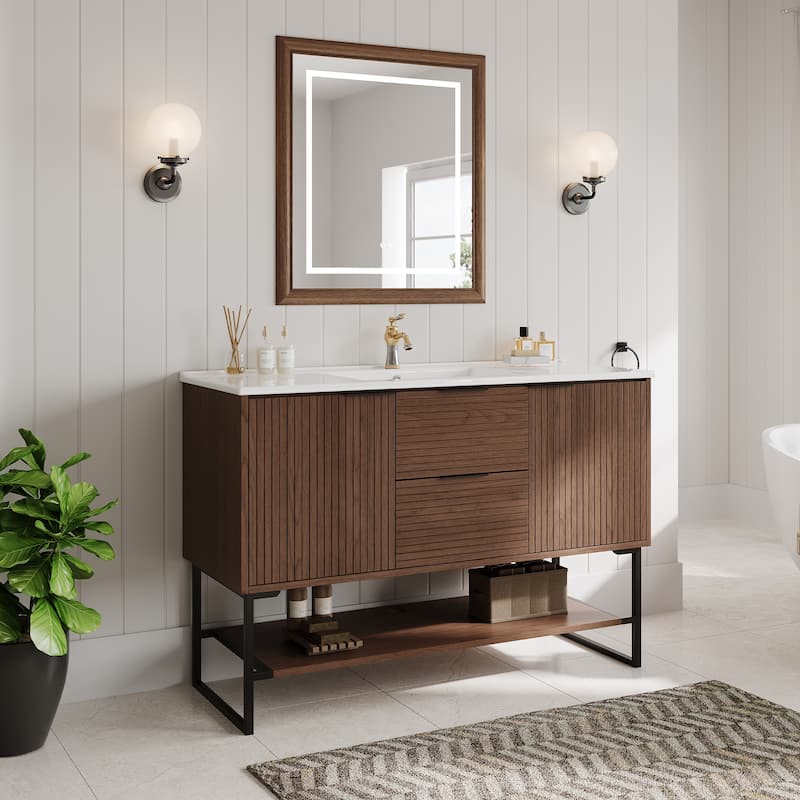 47'' Single Bathroom Vanities with White Stone Top, Brown Solid Wood - Glossy/Wood Finish/Steel Finish - Brown