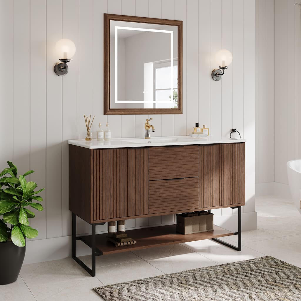 47'' Single Bathroom Vanities with White Stone Top, Brown Solid Wood