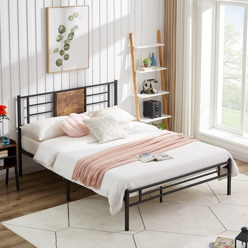 Javlergo Metal Platform Bed Frame with Wood and Metal Headboard, No Box Spring Needed