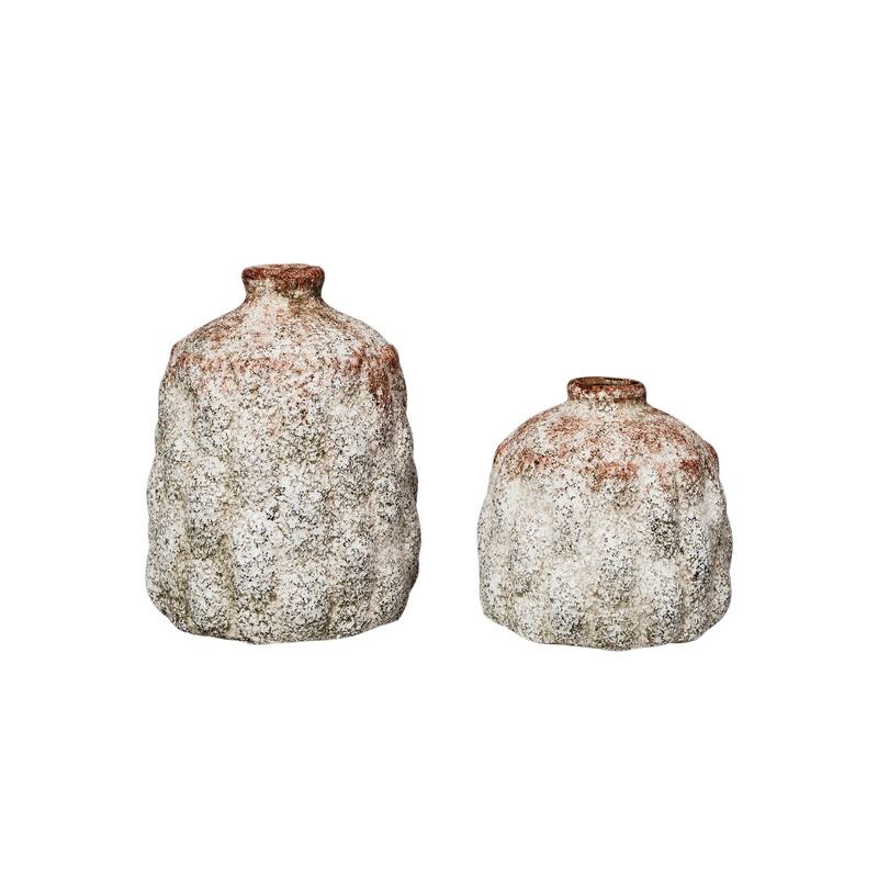 Terra-cotta Vases with Raised Rectangles Pattern, Set of 2 - Cream - 3.8"L x 3.8"W x 5.1"H