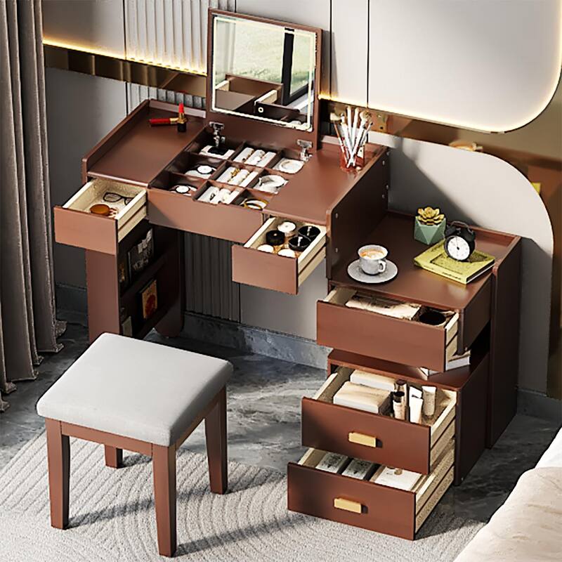 Bedroom Dressing Table and Stool Set of 2, 3-in-1 Makeup Vanity Desk with 3-Color Lighted Mirror & Retractable Side Cabinet - Walnut