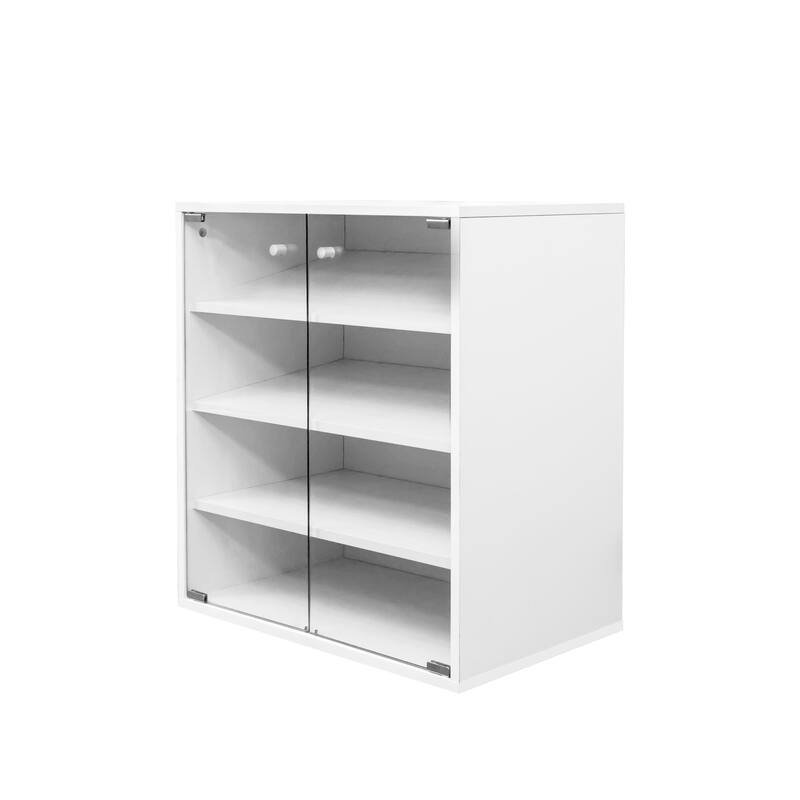 Roomfitters 4-Tier Shoe Display Cabinet, Stackable Wooden Shoe Storage Box with Glass Door and RGB LED Light