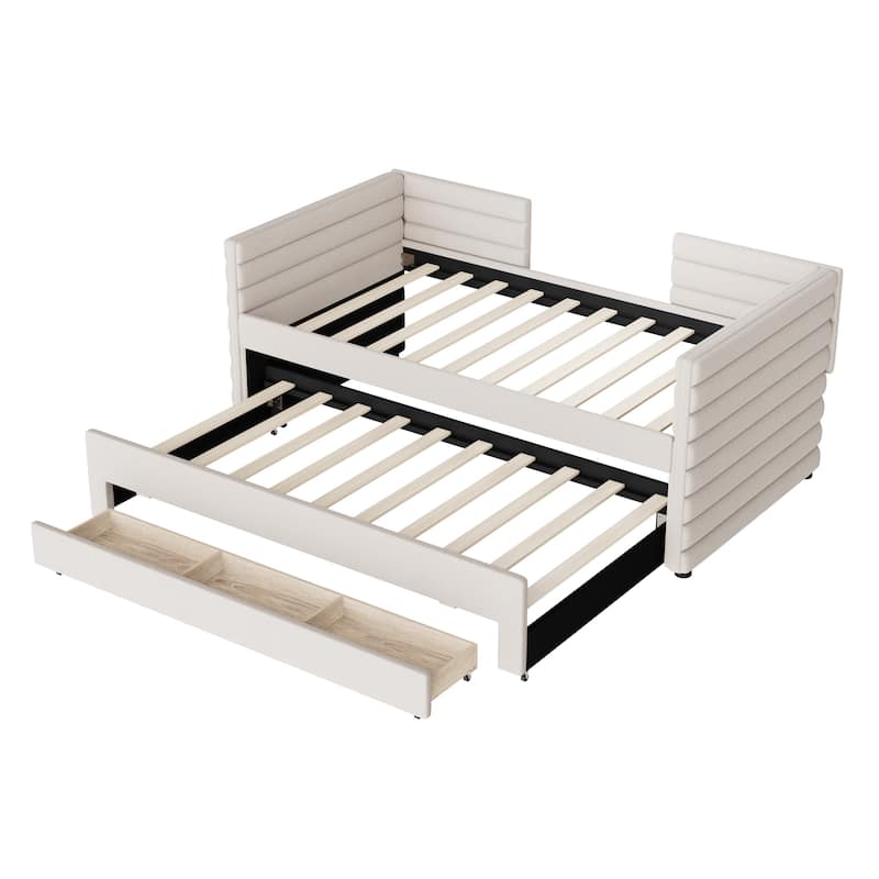Roomfitters Twin Upholstered Daybed with Trundle and 3 Storage Drawers, Linen Fabric Sofa Bed Frame for Guest Room