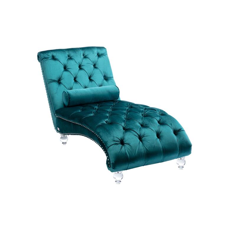 Velvet Tufted Chaise Lounge Chair Ergonomic S Shape Recliner with Pillow, Nailhead Trim and Acrylic Legs for Indoor Use