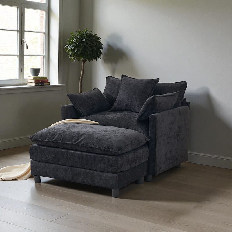 Modern Chenille Accent Chair with Ottoman, Oversized Upholstered Armchair for Living Room & Bedroom Reading - Black