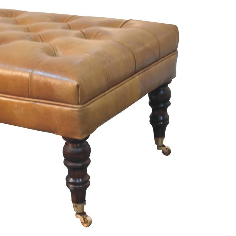 Artisan Furniture Solid Wood , Leather upholstered, California Walnut Buffalo Green Leather Ottoman with Castor Legs , Brown