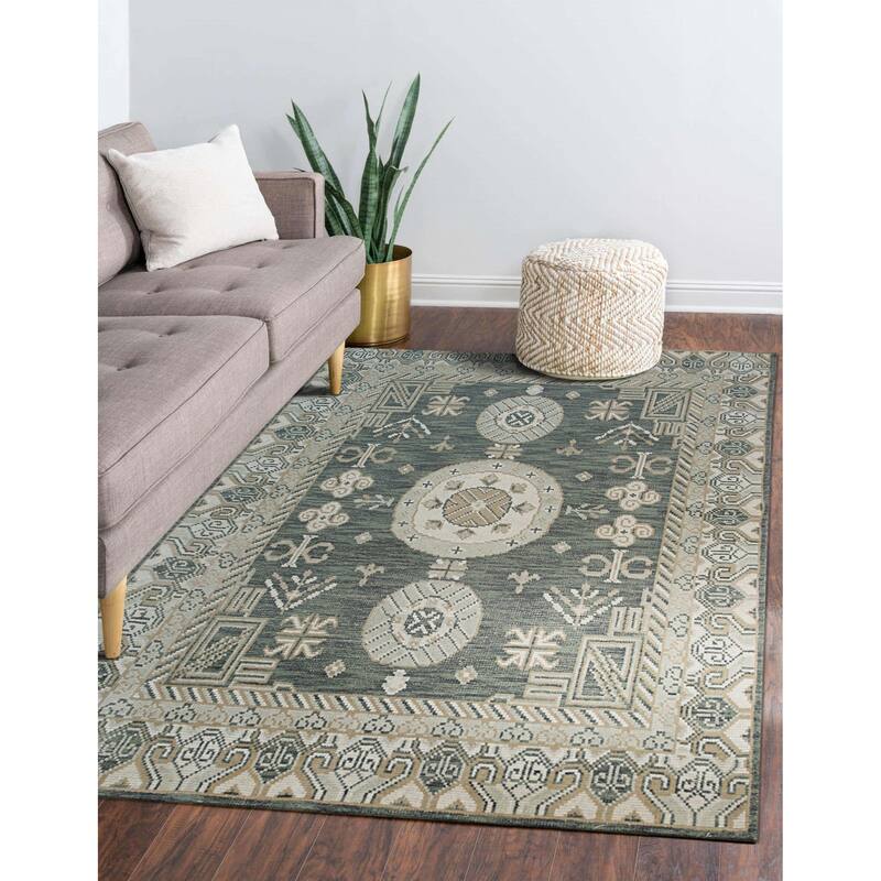 Home Décor Green Hand-Knotted Wool Khotan Rug by EORC | Luxurious Area Rug for Adding Timeless Elegance