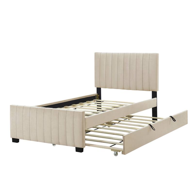 Twin Size Velvet Upholstered Platform Bed with Trundle, Beige