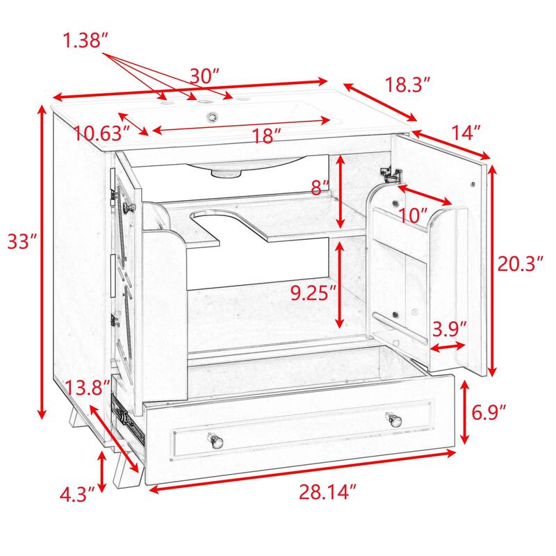 30 in. W Freestanding Bath Vanity with White Ceramic Sink, Storage Rack and One Drawer