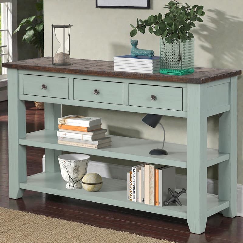 48 Inch Solid Pine Wood Console Table with 3 Drawers & 2 Shelves, Vintage Entryway Sofa Table for Hallway & Living Room