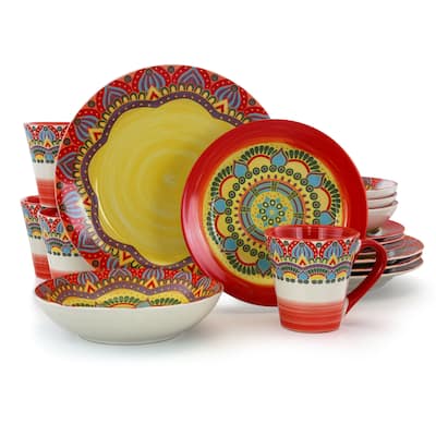Intricate Floral Pattern Round Stoneware Dinnerware Set in Rose 16 Pieces
