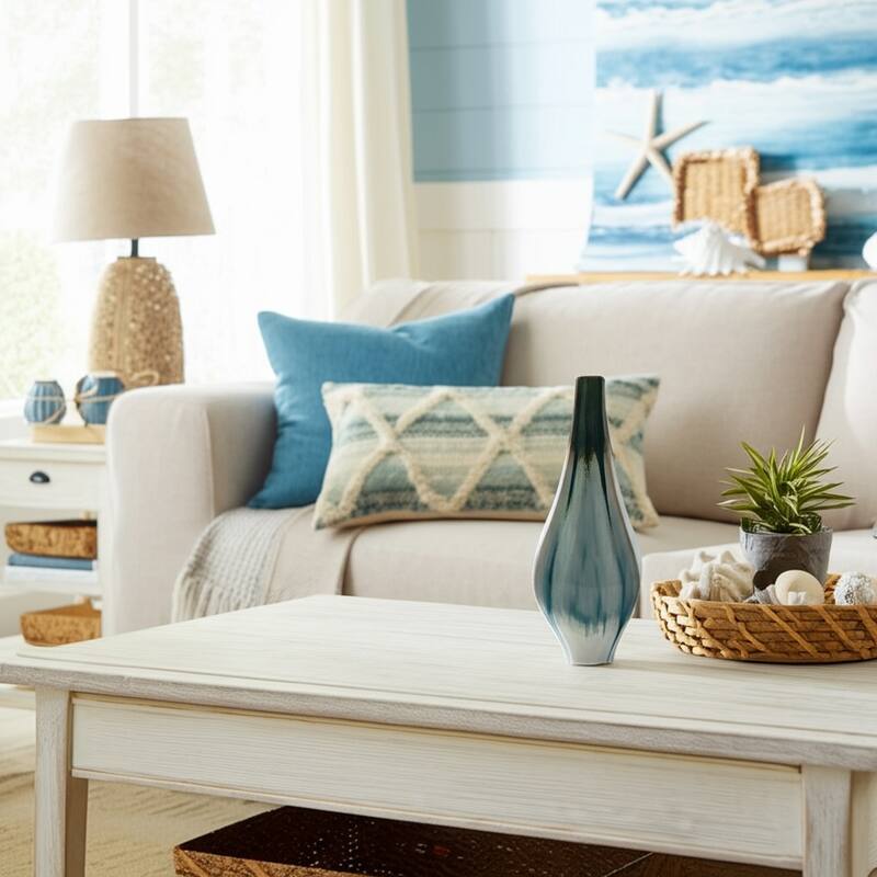 Stoneware Ceramic Decorative Vase with Ocean-Inspired Glaze Finish - 7" x 6" x 14"