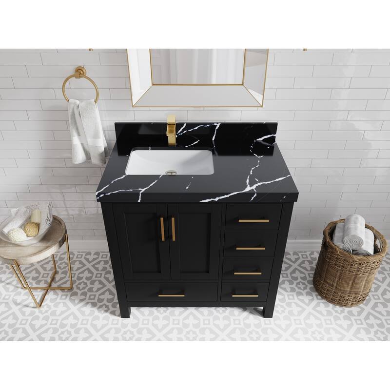 Willow Collections 36 in. W x 22 in. D Malibu Left Offset Sink Bathroom Vanity with Countertop - 2" Calacatta Black - Black