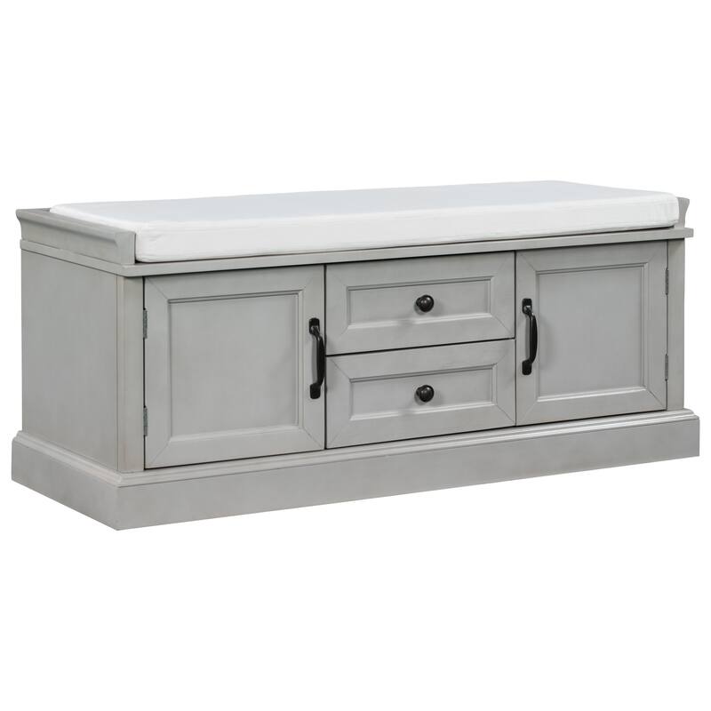 Storage Shoes Bench with 2 Drawers, 2 Cabinets and Removable Cushion