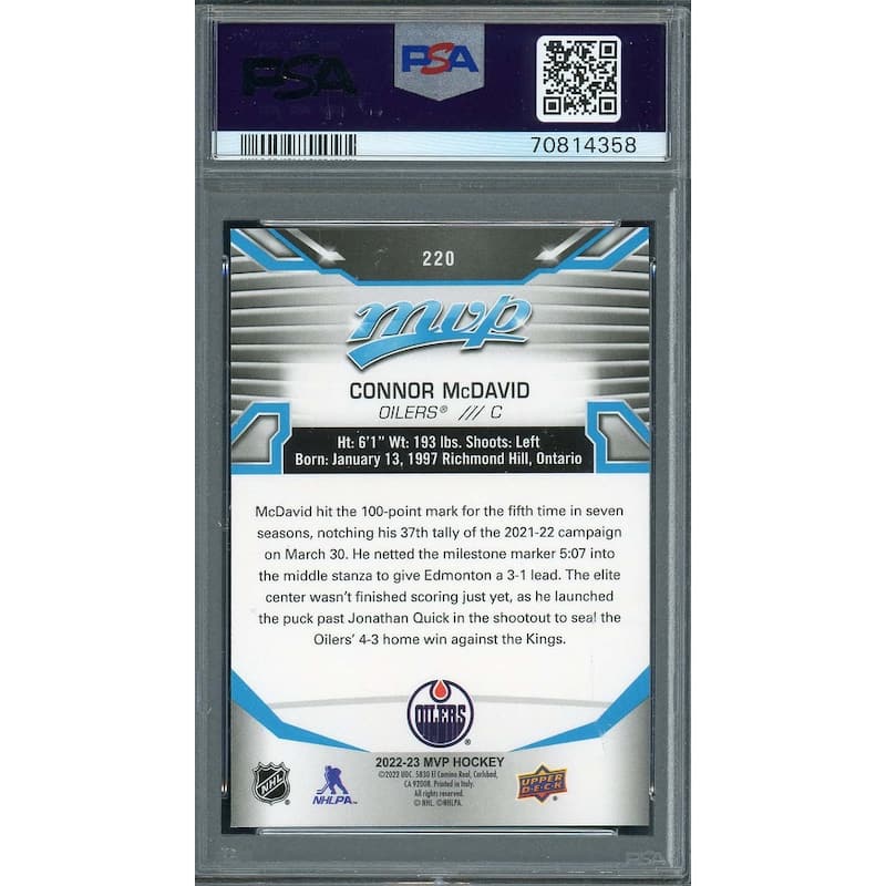 Connor McDavid 2021 Upper Deck MVP Hockey Card #220 Graded PSA 10 - 8'6" x 11'6"