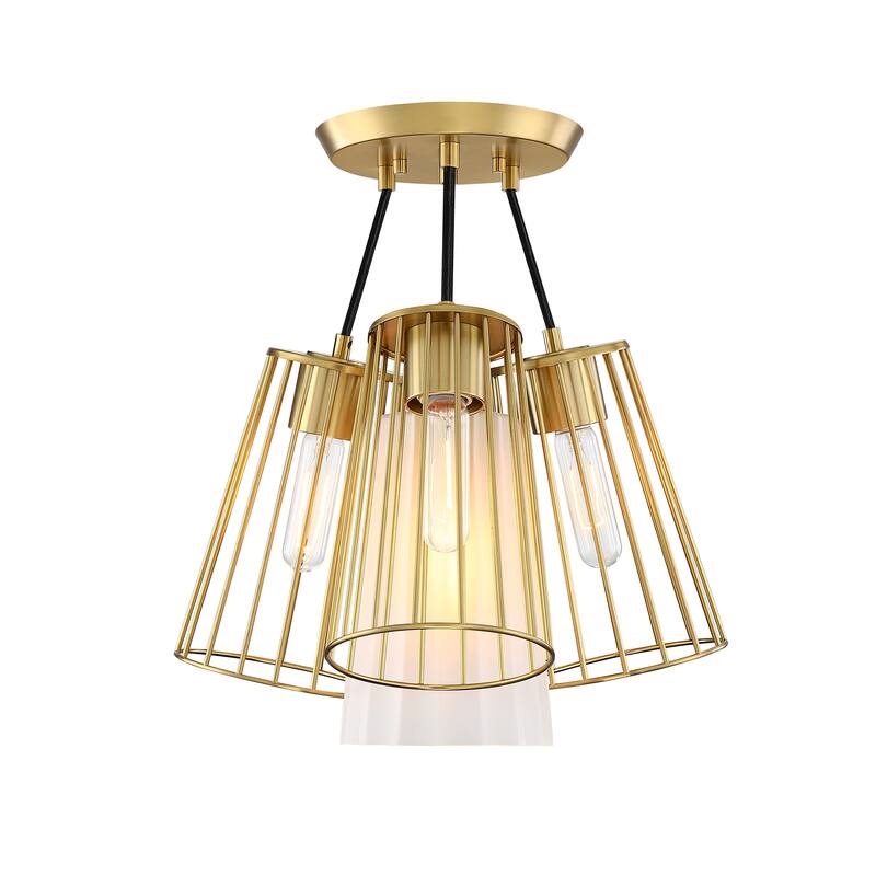 Liana 19 in. 4-Light Brushed Gold Glam Semi Flush Mount with Etched Glass and Wire Cage Shades for Bedrooms - 16.75
